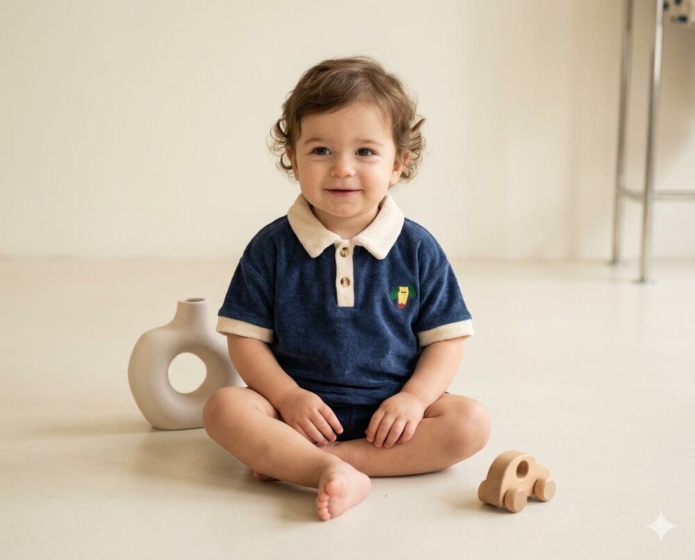 Bobo Choses NWT Luxe Terry Cloth Polo Shirt 12-18M Blue Retro Kidcore Dog Logo